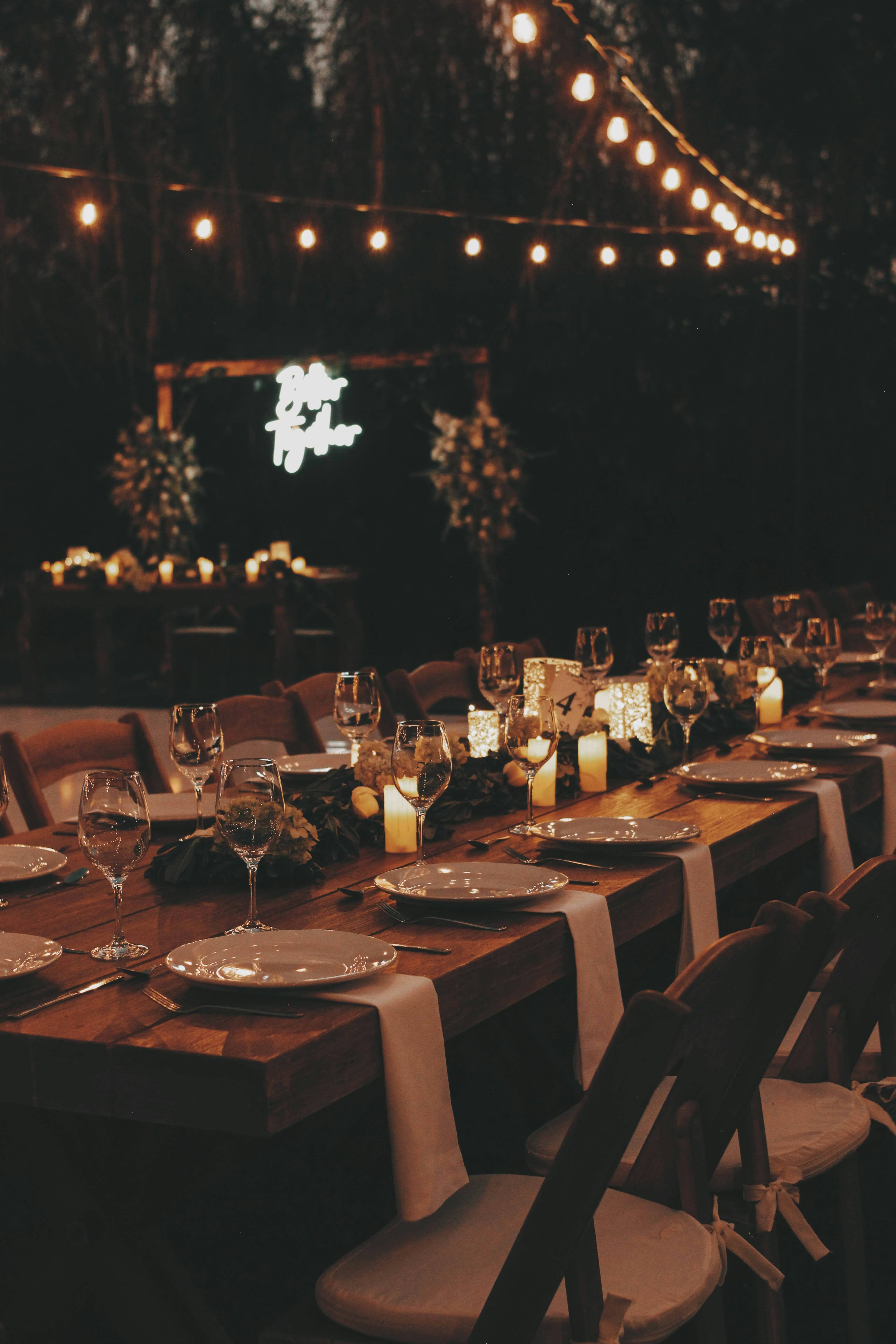 Elegant dinner table with string lights